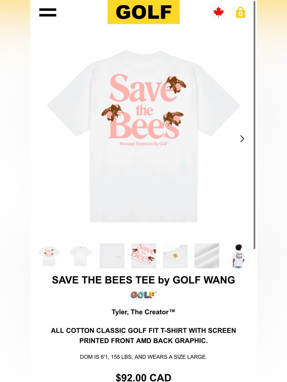 Golf Wang White "Save The Bees" Graphic Tee - Size Small